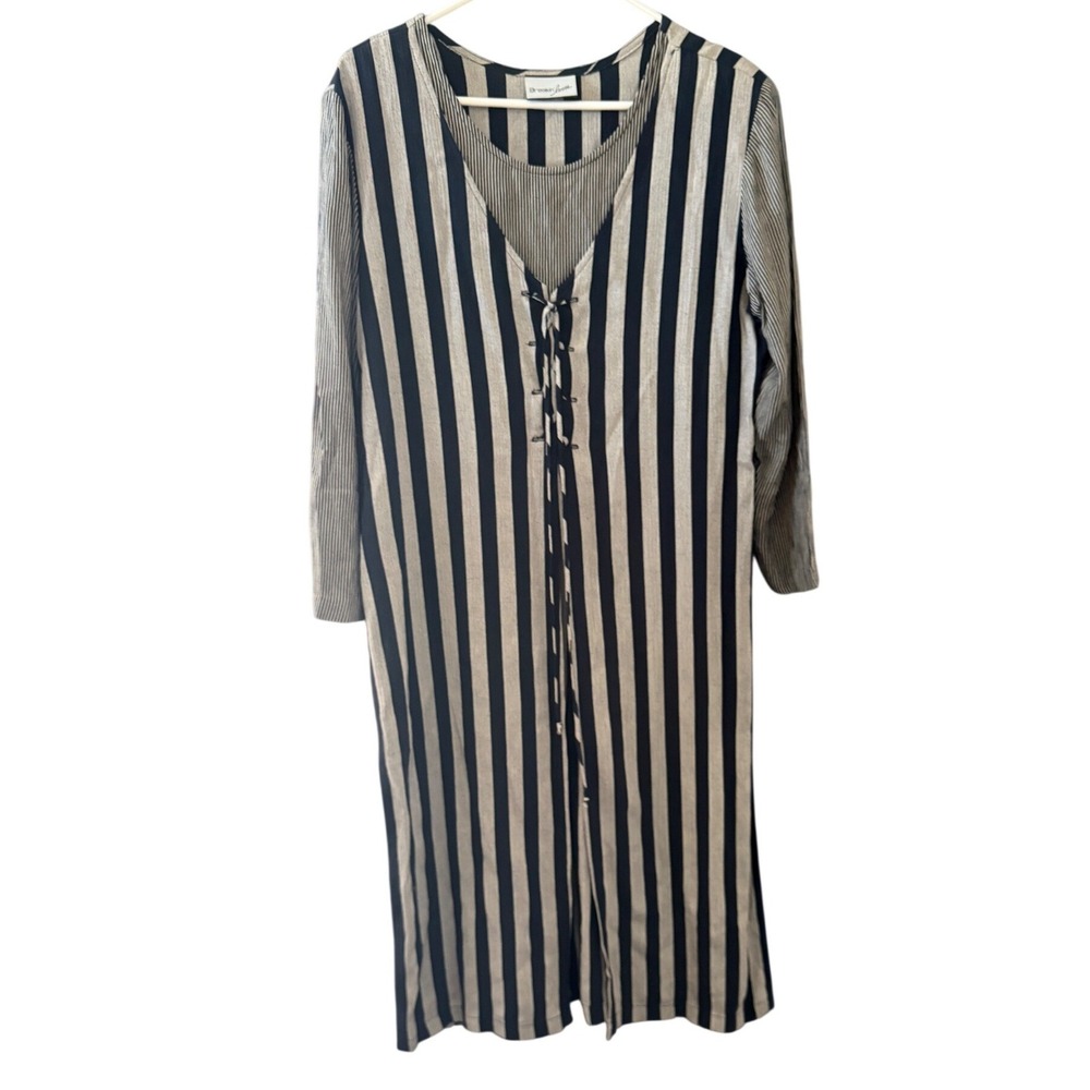 Breakin Loose Vintage XL Striped Lace Up Front Midi Dress Navy Grey Long‎ Sleeve